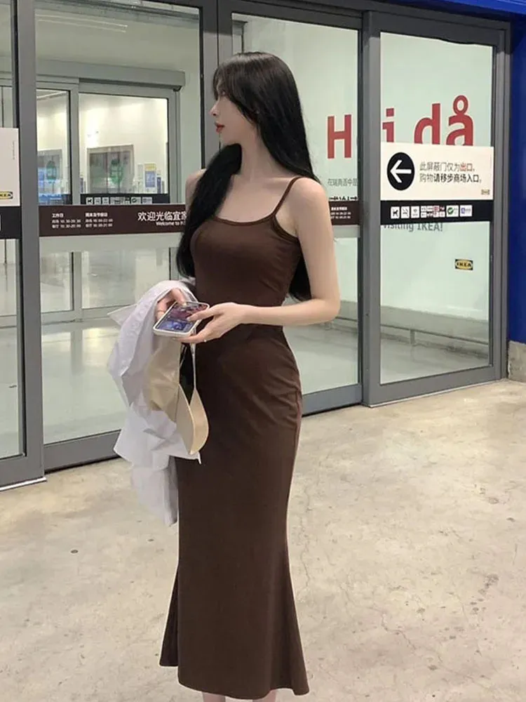 Autumn Pure Sleeveless Sexy Sheath Hotsweet Korean Popular Chic Midi Dresses