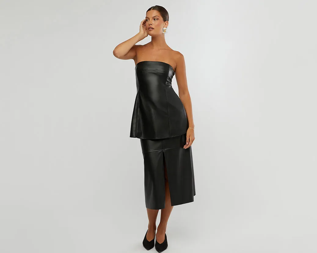 Black Vegan Leather Midi Made Skirt