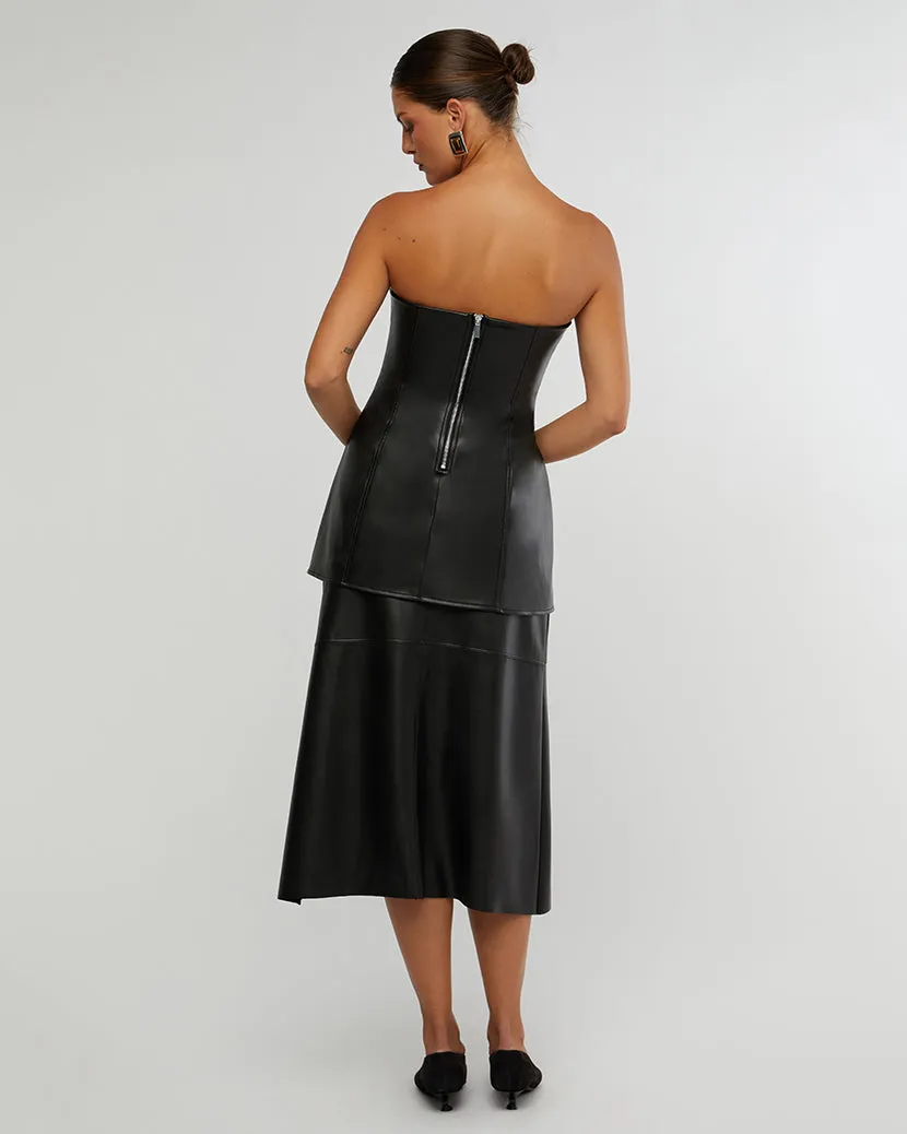 Black Vegan Leather Midi Made Skirt