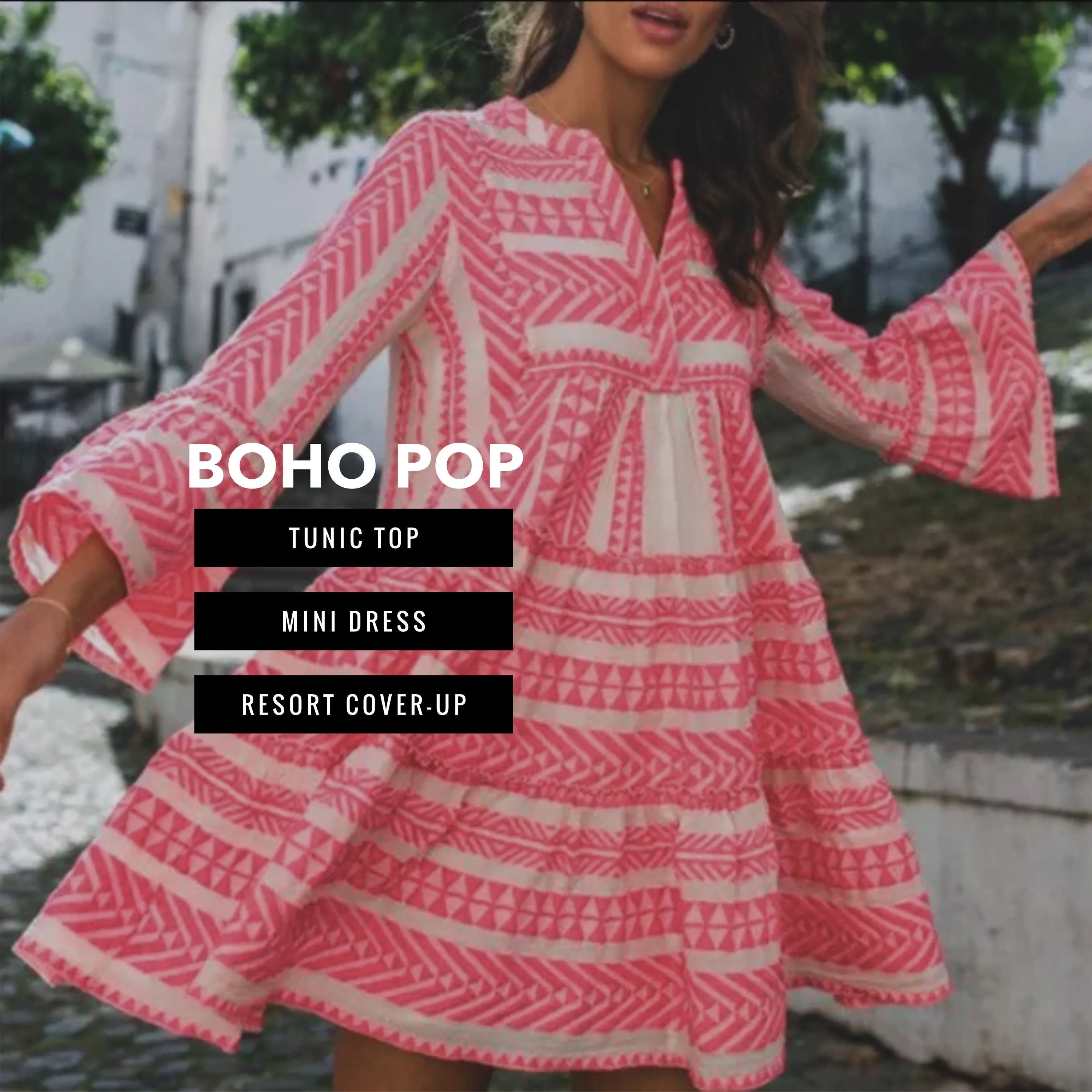 Boho Pop mini tunic beach dress cruise cover-up top white   sea-green or bubble hot pink print S L 2XL 3XL women’s ladies 2024 cruise resort