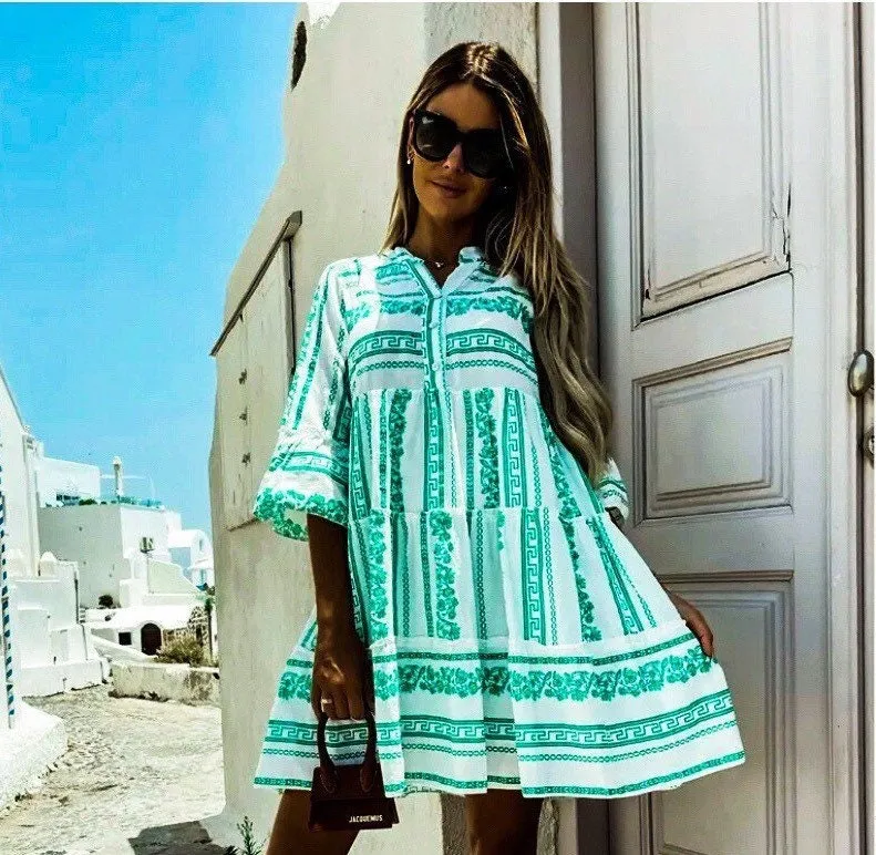 Boho Pop mini tunic beach dress cruise cover-up top white   sea-green or bubble hot pink print S L 2XL 3XL women’s ladies 2024 cruise resort