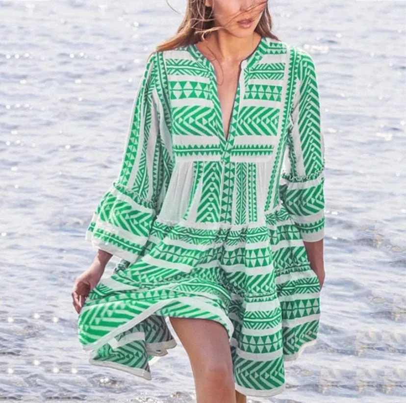 Boho Pop mini tunic beach dress cruise cover-up top white   sea-green or bubble hot pink print S L 2XL 3XL women’s ladies 2024 cruise resort