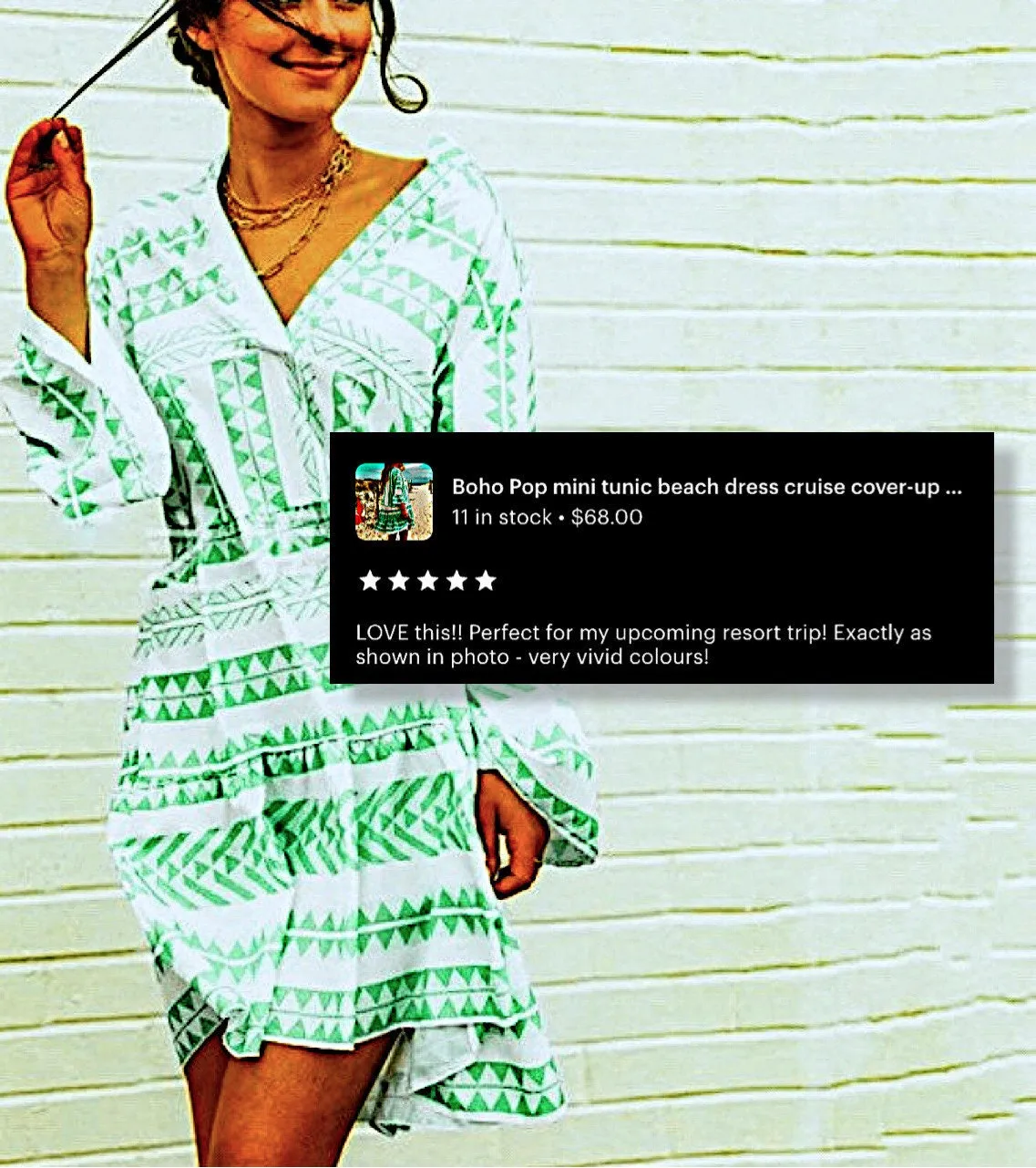 Boho Pop mini tunic beach dress cruise cover-up top white   sea-green or bubble hot pink print S L 2XL 3XL women’s ladies 2024 cruise resort