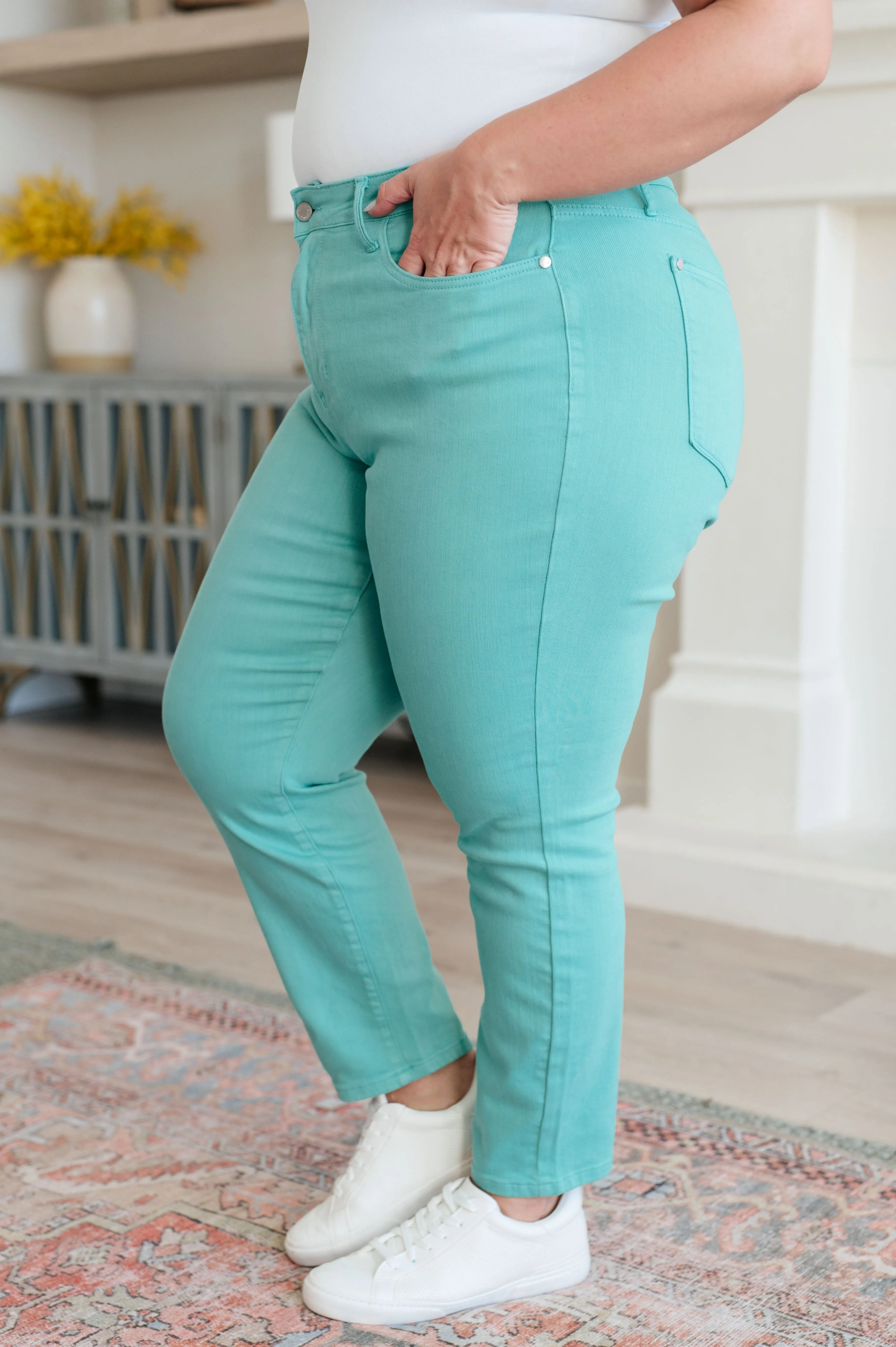 Bridgette High Rise Garment Dyed Slim Jeans in Aquamarine