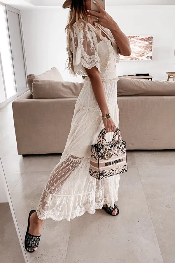 Button Lace V Neck Short Sleeve Maxi Dress