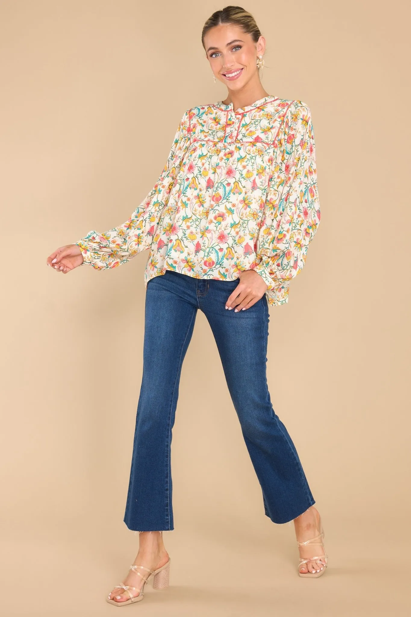 Can't Talk Right Now Ivory Floral Print Top