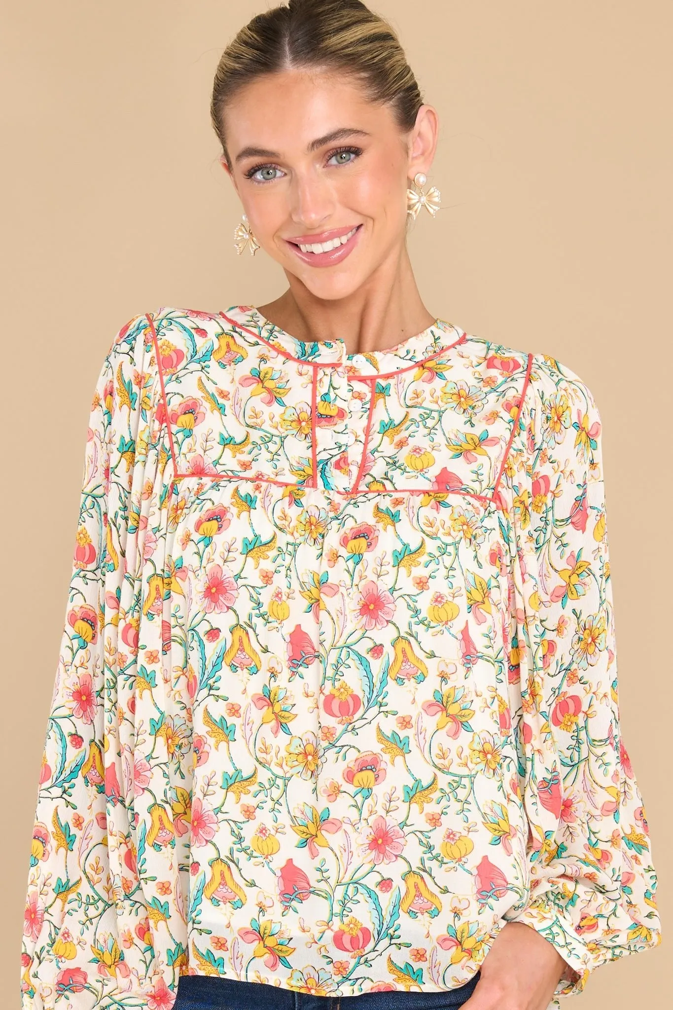 Can't Talk Right Now Ivory Floral Print Top