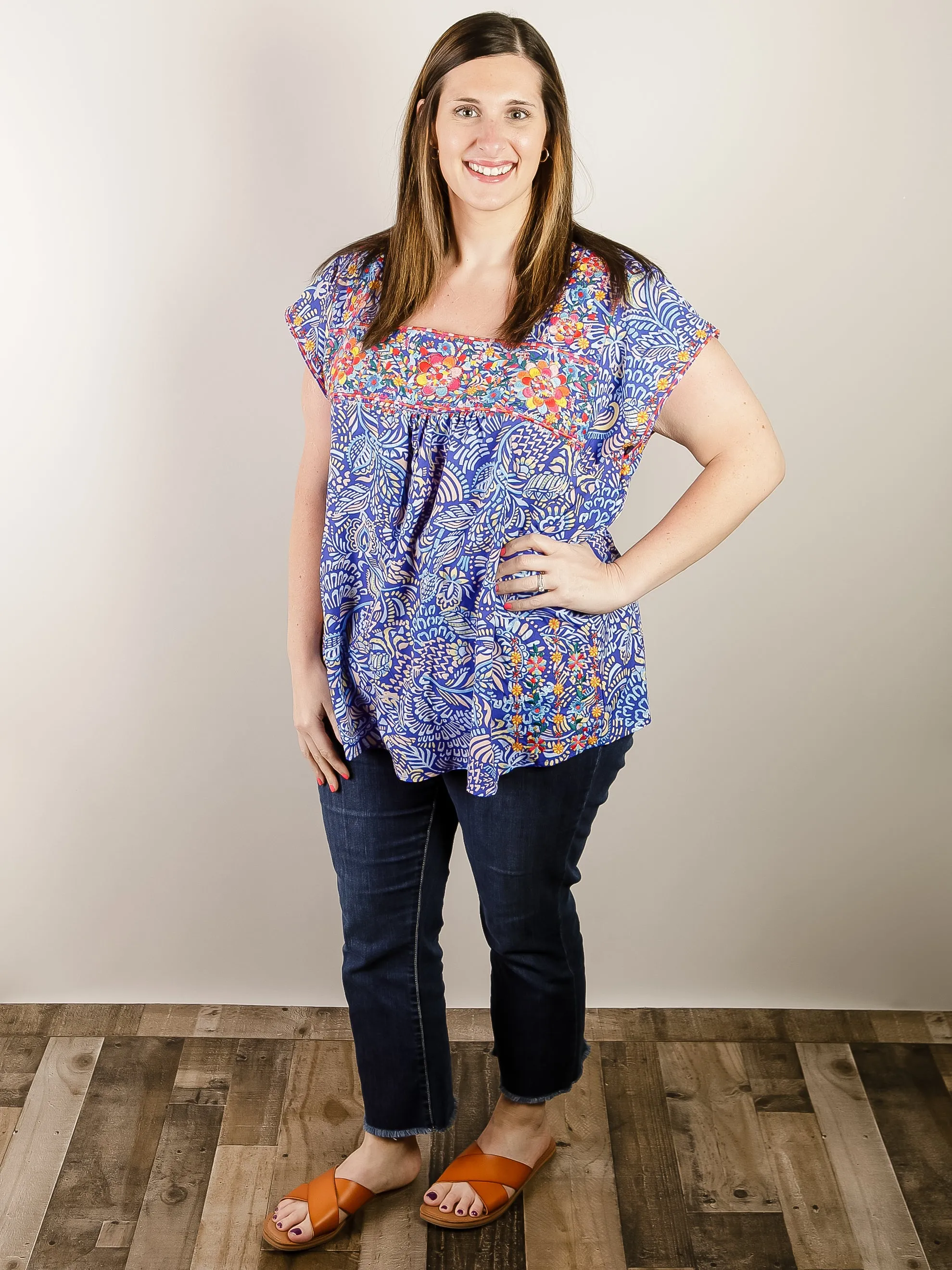 Curvy Royal Blue Print Blouse with Embroidery