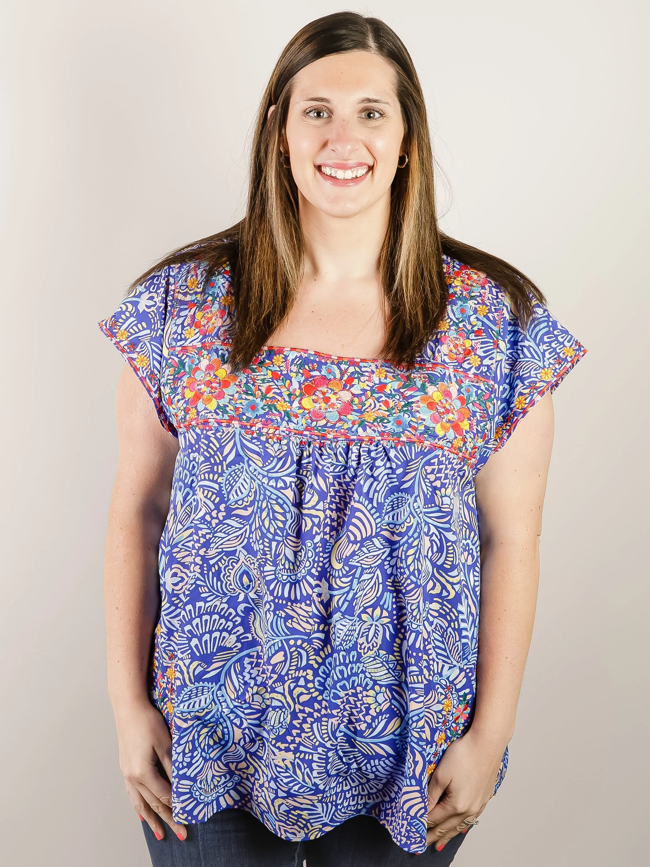 Curvy Royal Blue Print Blouse with Embroidery