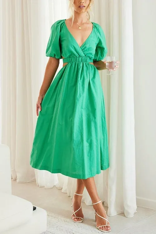 Cut Out Waist V Neck Puff Sleeve Dress