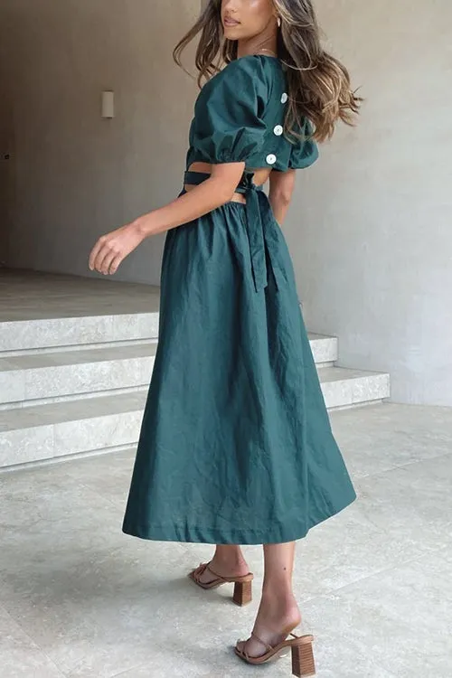 Cut Out Waist V Neck Puff Sleeve Dress