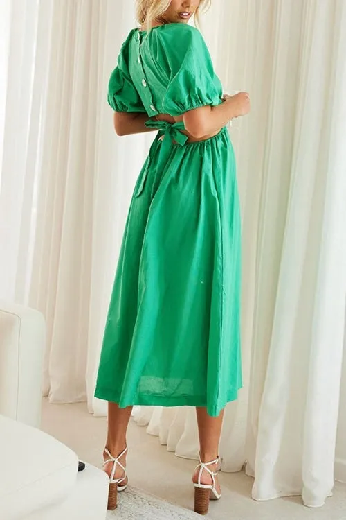 Cut Out Waist V Neck Puff Sleeve Dress