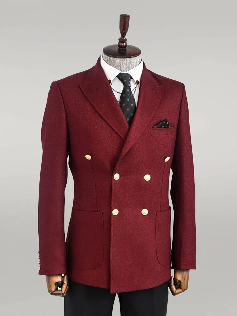 Double Breasted Slim Fit Burgundy Men Blazer - Wessi