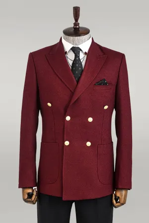 Double Breasted Slim Fit Burgundy Men Blazer - Wessi