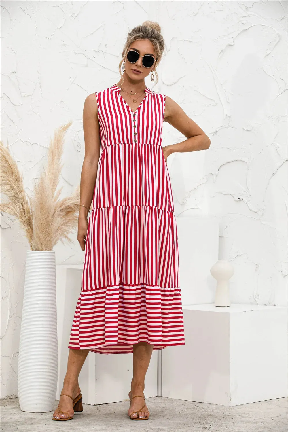 DressBetty - 2024 Elegant Striped V-Neck Lantern Sleeve Boho Dress