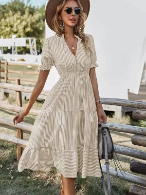 DressBetty - 2024 Elegant Striped V-Neck Lantern Sleeve Boho Dress