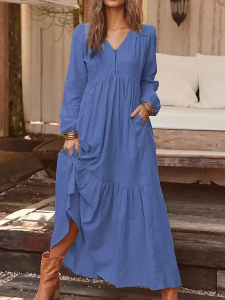 DressBetty - 2024 Retro Solid Color Maxi Cotton Boho Dress for Women