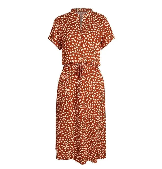 DressBetty - Ladies Bohemian Leopard Print Shirt Dress Women Casual Midi Holiday Summer Dress Female A-line Loose Women Beach Dress