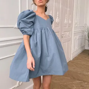 DressBetty - Women Mini Dress Elegant Square Collar Puff Short Sleeve High Waist A-line Party Dress Casual Cute Solid Streetwear Summer