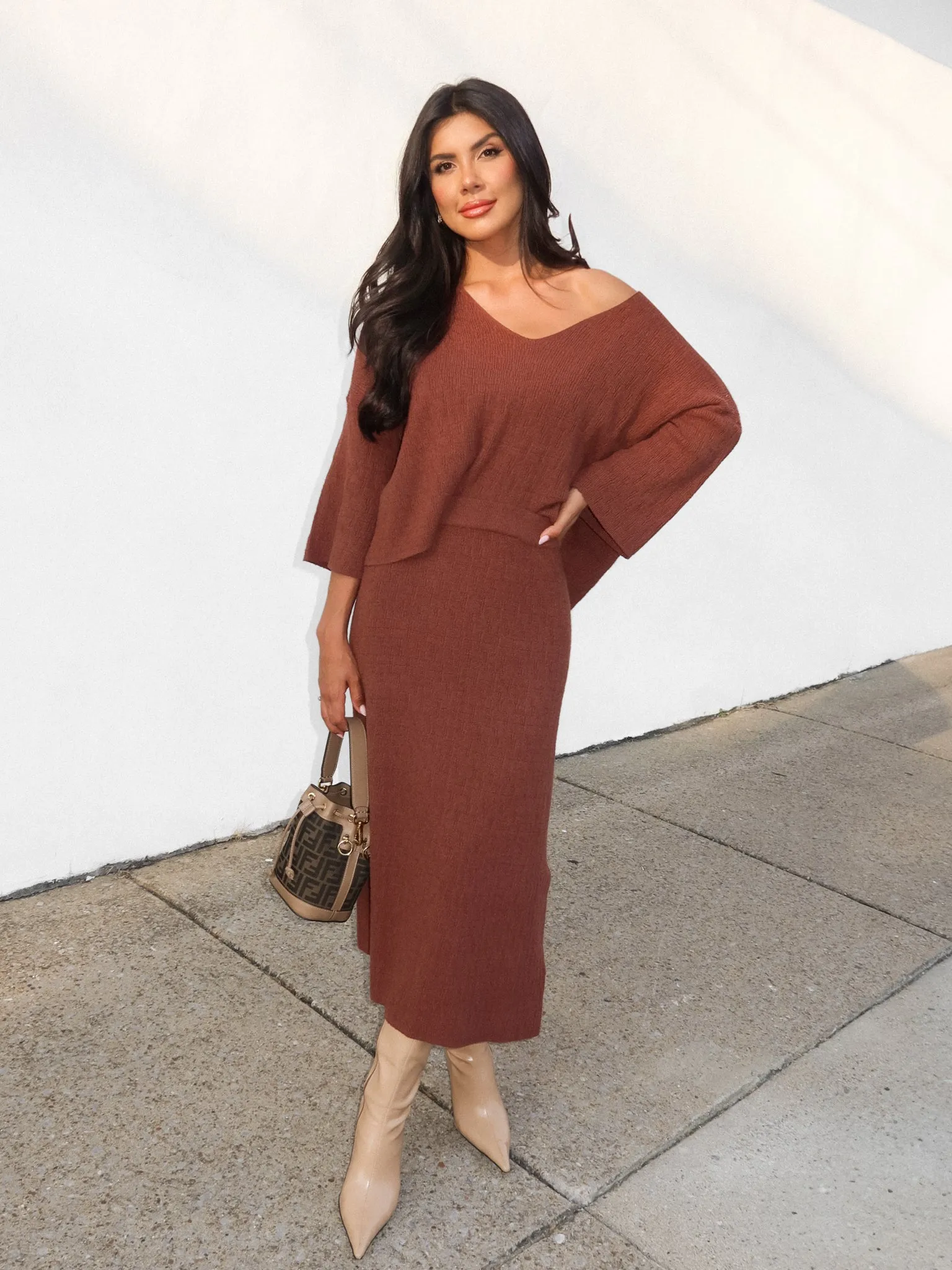 Easton Knit Midi Skirt in Brown