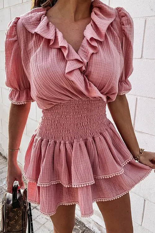 Elastic Ruffles V Neck Mini Dress