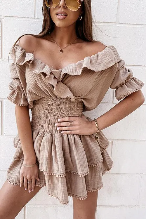 Elastic Ruffles V Neck Mini Dress