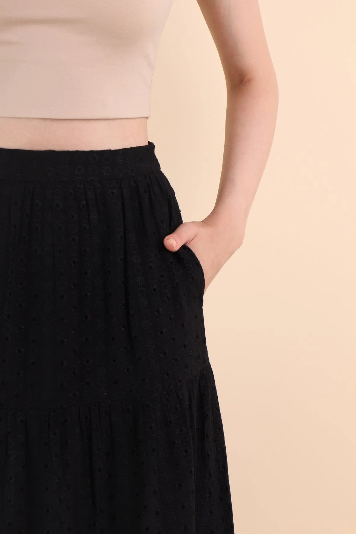 ELIA EYELET MIDI SKIRT IN BLACK