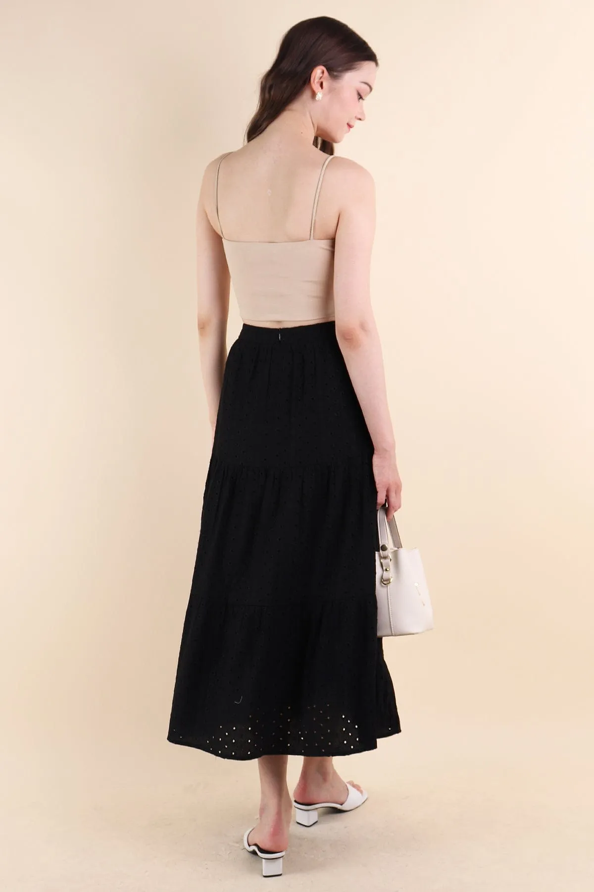 ELIA EYELET MIDI SKIRT IN BLACK