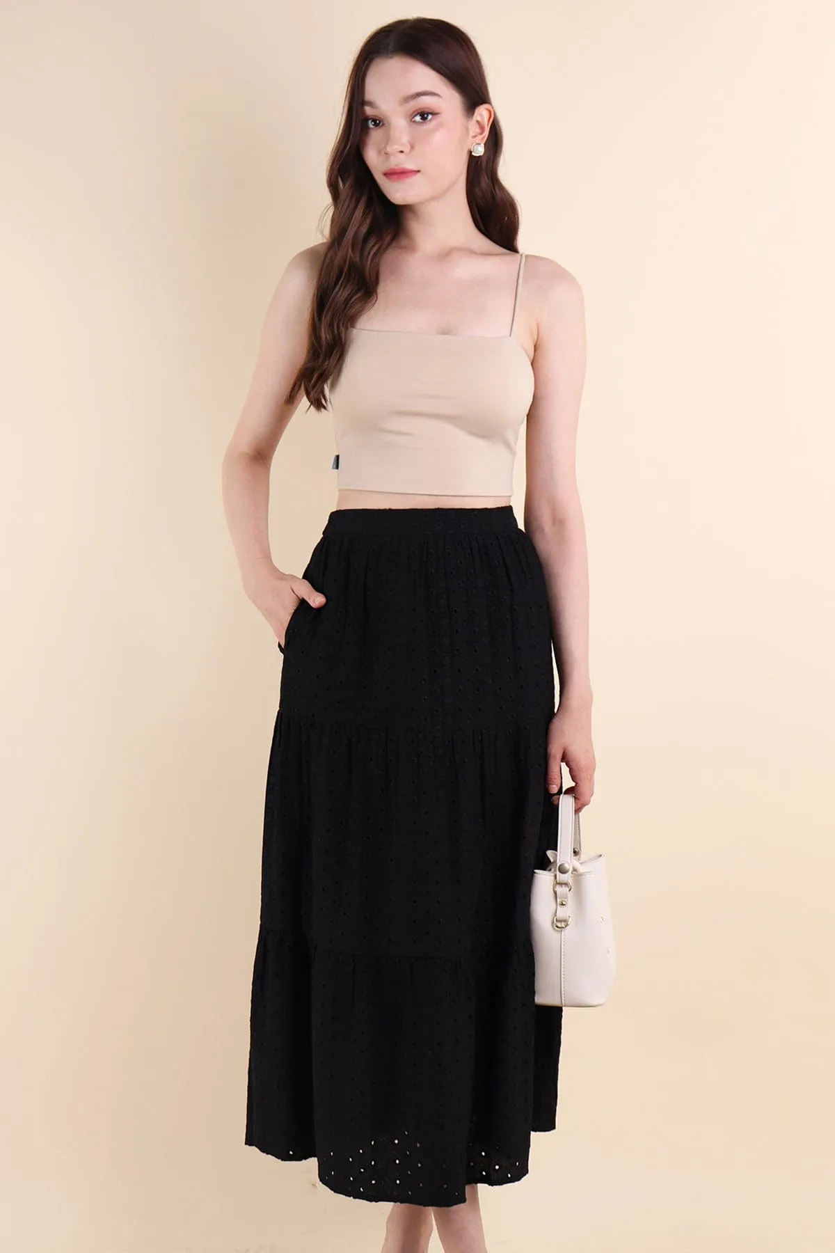 ELIA EYELET MIDI SKIRT IN BLACK