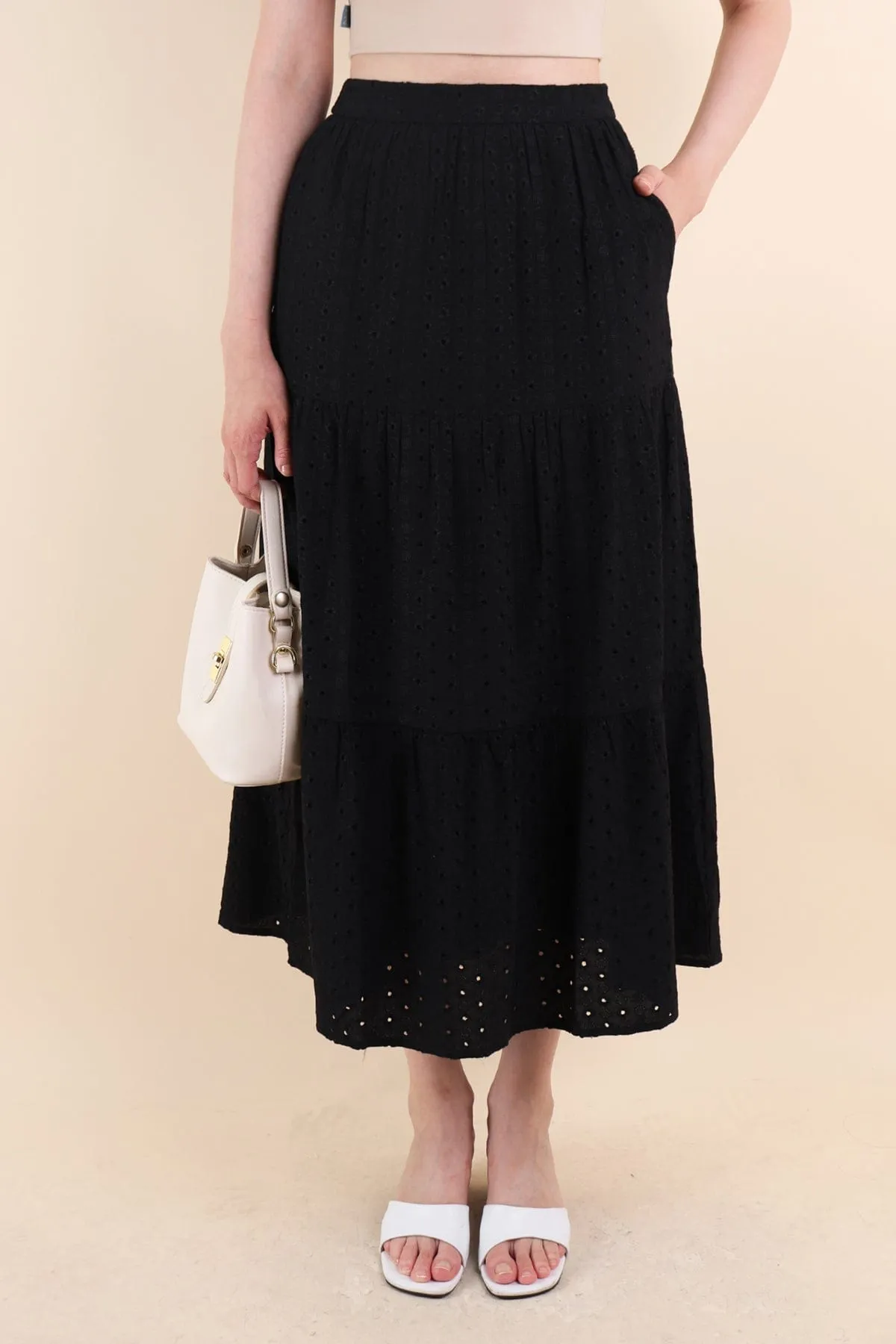 ELIA EYELET MIDI SKIRT IN BLACK