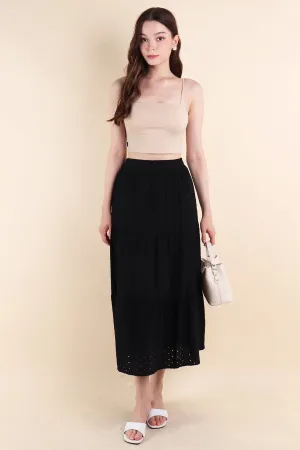 ELIA EYELET MIDI SKIRT IN BLACK