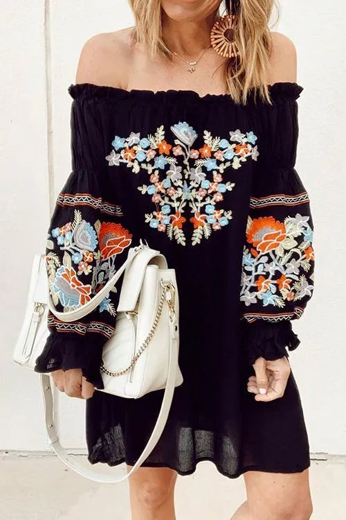 Embroidery Off Shoulder Puff Sleeve Mini Dress