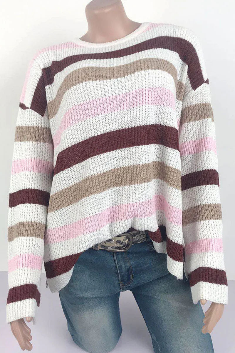 Fashion Casual Adult Striped Patchwork Patchwork Pullovers O Neck Sweaters