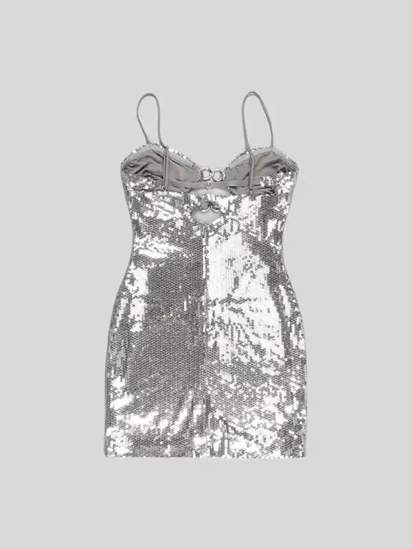 Fashion women’s buckle silver sequin suspender skirt dress