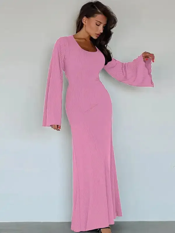 Feminine U-neck tie-back long-sleeved dress