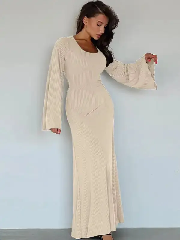 Feminine U-neck tie-back long-sleeved dress