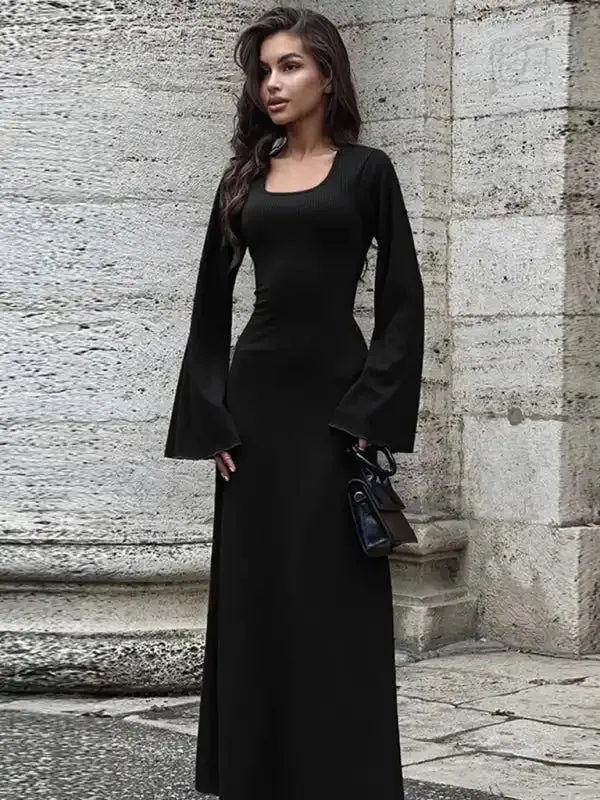 Feminine U-neck tie-back long-sleeved dress