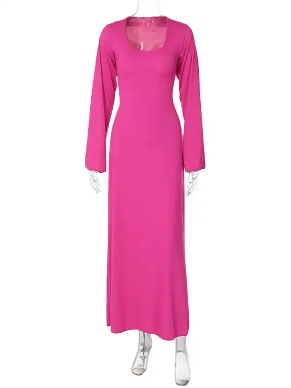 Feminine U-neck tie-back long-sleeved dress