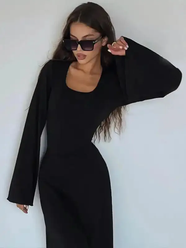 Feminine U-neck tie-back long-sleeved dress