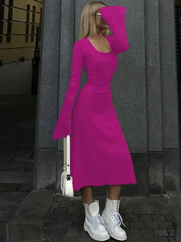 Feminine U-neck tie-back long-sleeved dress