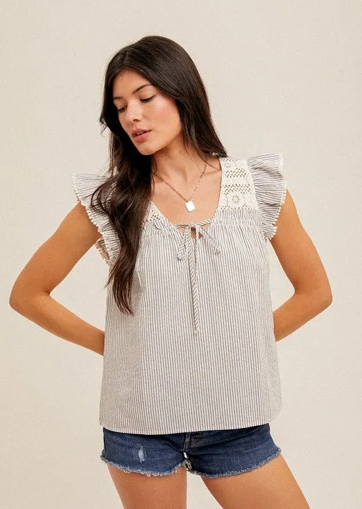 FINAL SALE - Crochet Trimmed Flutter Sleeve Tops - 2 Colors!