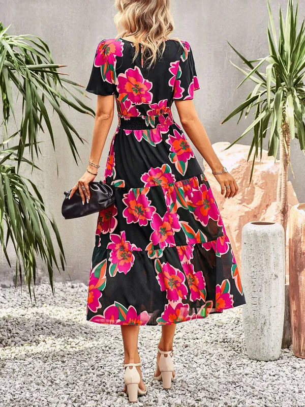 Floral Dress 2023 Summer Temperament Elegant Waist Short Sleeve Long Dress