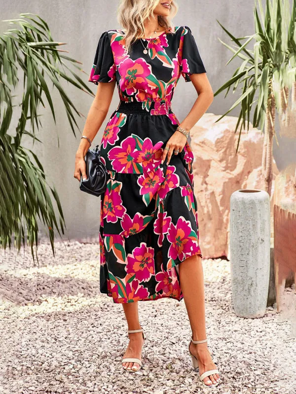 Floral Dress 2023 Summer Temperament Elegant Waist Short Sleeve Long Dress