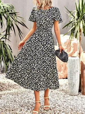 Floral Dress 2023 Summer Temperament Elegant Waist Short Sleeve Long Dress