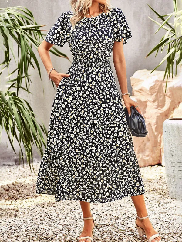 Floral Dress 2023 Summer Temperament Elegant Waist Short Sleeve Long Dress