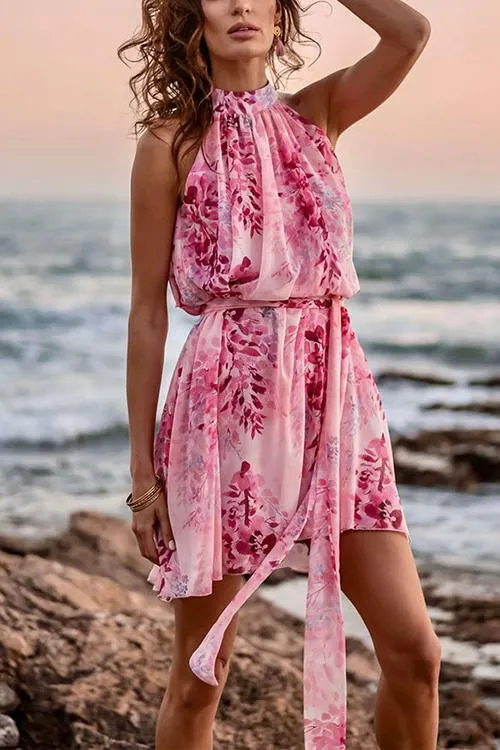 Floral Print Halter Neck Mini Dress