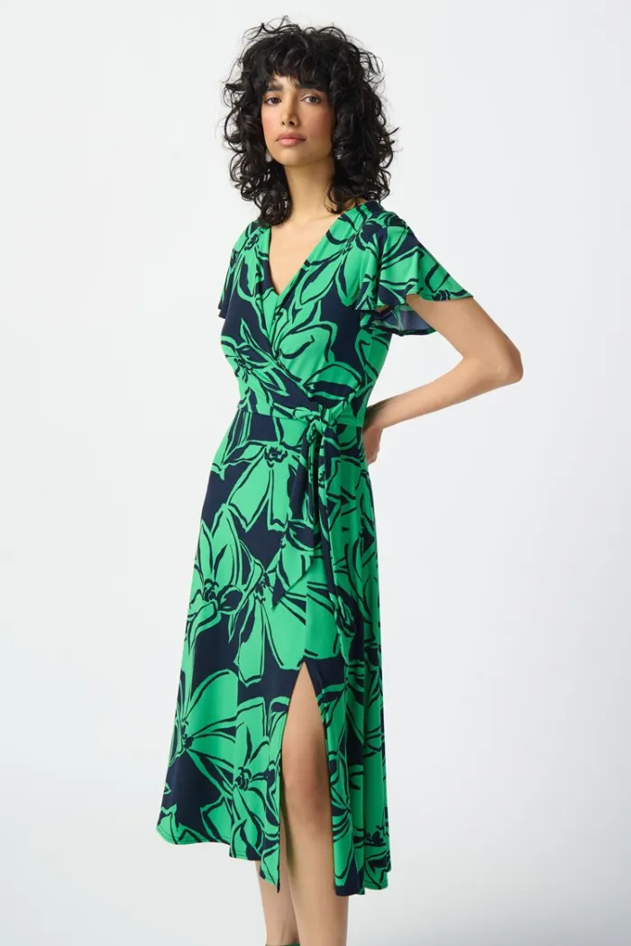 Floral Print Silky Knit Flowy Wrap Dress