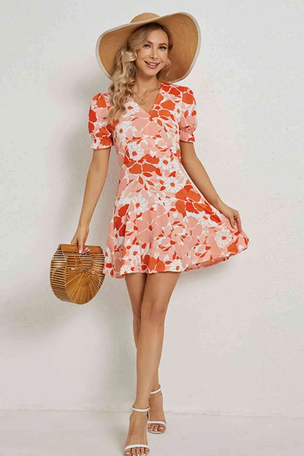 Floral Surplice Neck Flounce Sleeve Dress