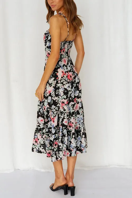 Floral Tie Straps Ruffles Midi Dress