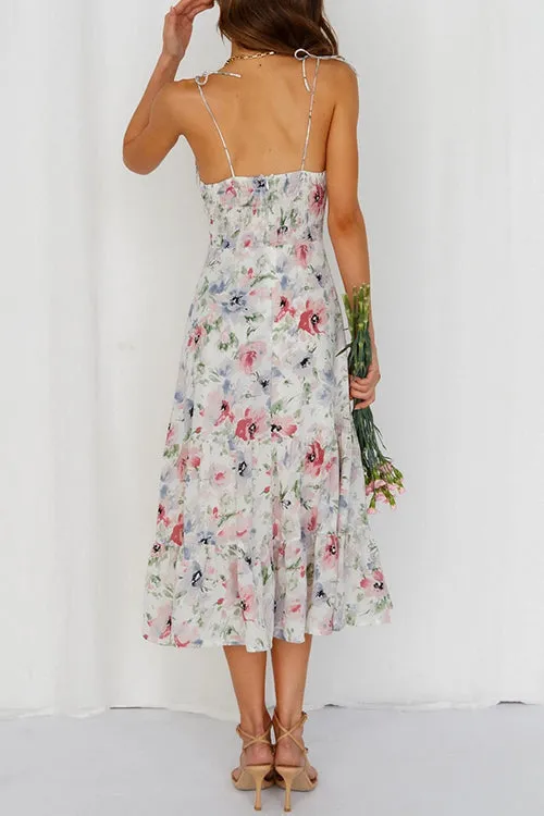 Floral Tie Straps Ruffles Midi Dress